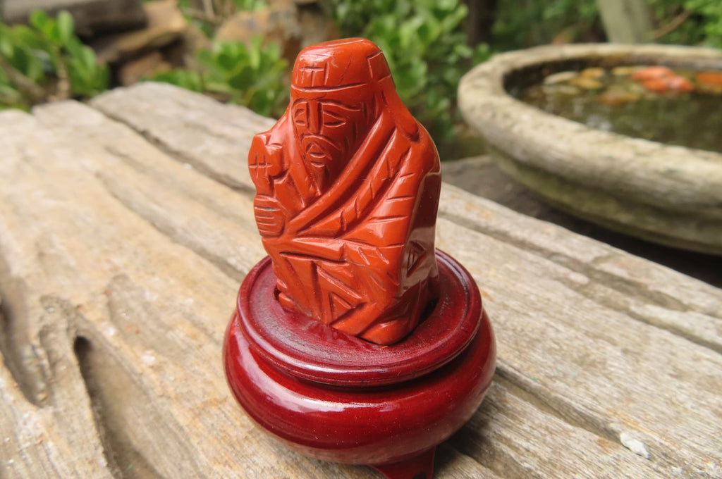 Polished Red Jasper Far Eastern Carved Gods on Wooden Stands - sold per Set of 7 - From South Africa - Toprock Gemstones and Minerals 