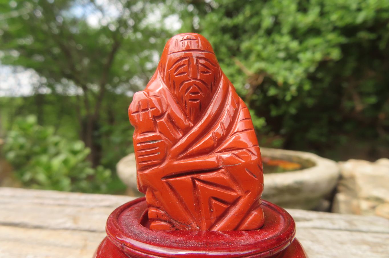 Polished Red Jasper Far Eastern Carved Gods on Wooden Stands - sold per Set of 7 - From South Africa - Toprock Gemstones and Minerals 