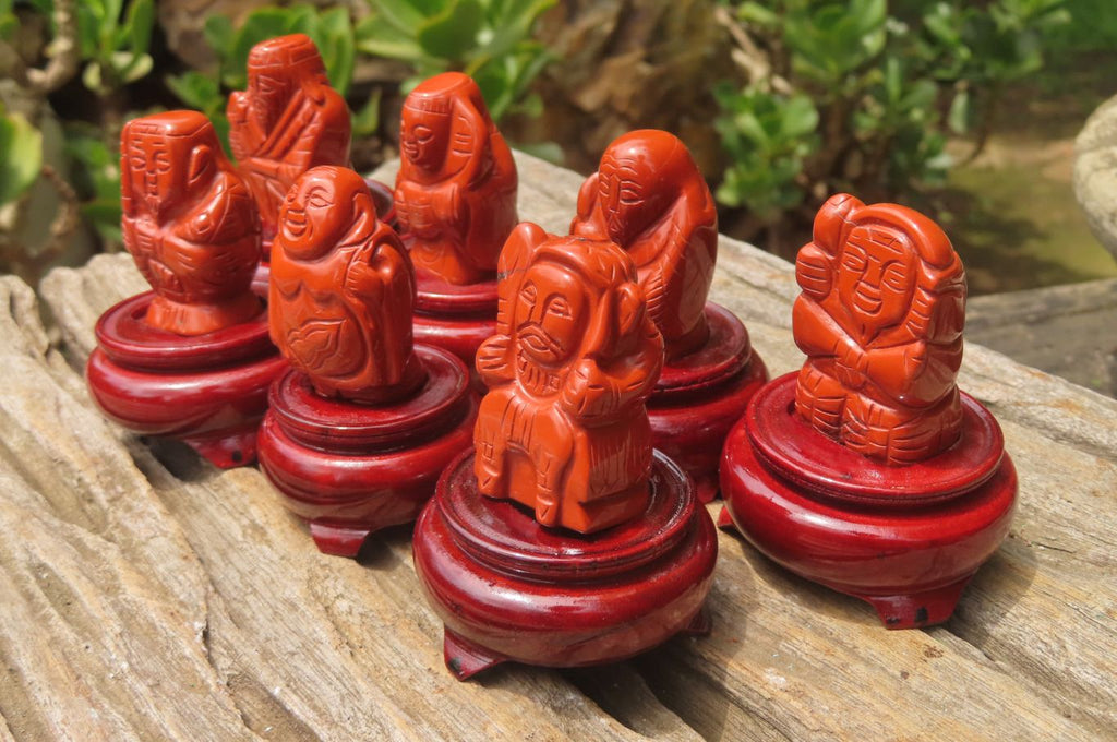 Polished Red Jasper Far Eastern Carved Gods on Wooden Stands - sold per Set of 7 - From South Africa - Toprock Gemstones and Minerals 