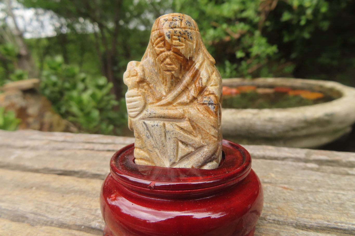 Polished Picture Stone Jasper Far Eastern Carved Gods on Wooden Stands - sold per Set of 7 - From South Africa - Toprock Gemstones and Minerals 