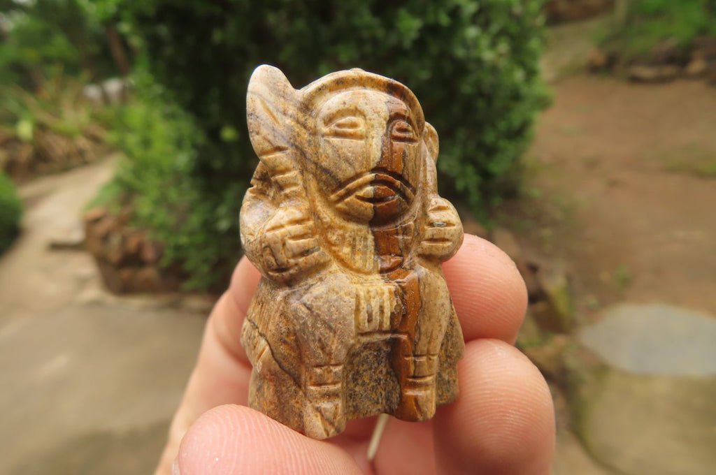 Polished Picture Stone Jasper Far Eastern Carved Gods on Wooden Stands - sold per Set of 7 - From South Africa - Toprock Gemstones and Minerals 