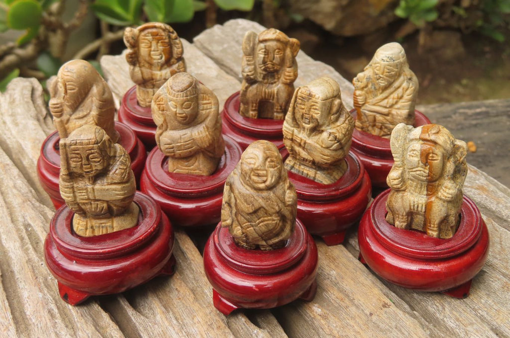 Polished Picture Stone Jasper Far Eastern Carved Gods on Wooden Stands - sold per Set of 7 - From South Africa - Toprock Gemstones and Minerals 