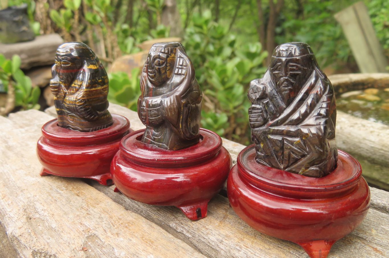 Polished Tiger Iron Far Eastern Carved Gods on Wooden Stands - sold per Set of 7 - From Australia - Toprock Gemstones and Minerals 