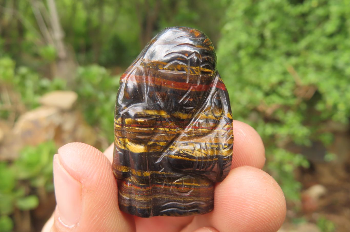 Polished Tiger Iron Far Eastern Carved Gods on Wooden Stands - sold per Set of 7 - From Australia - Toprock Gemstones and Minerals 