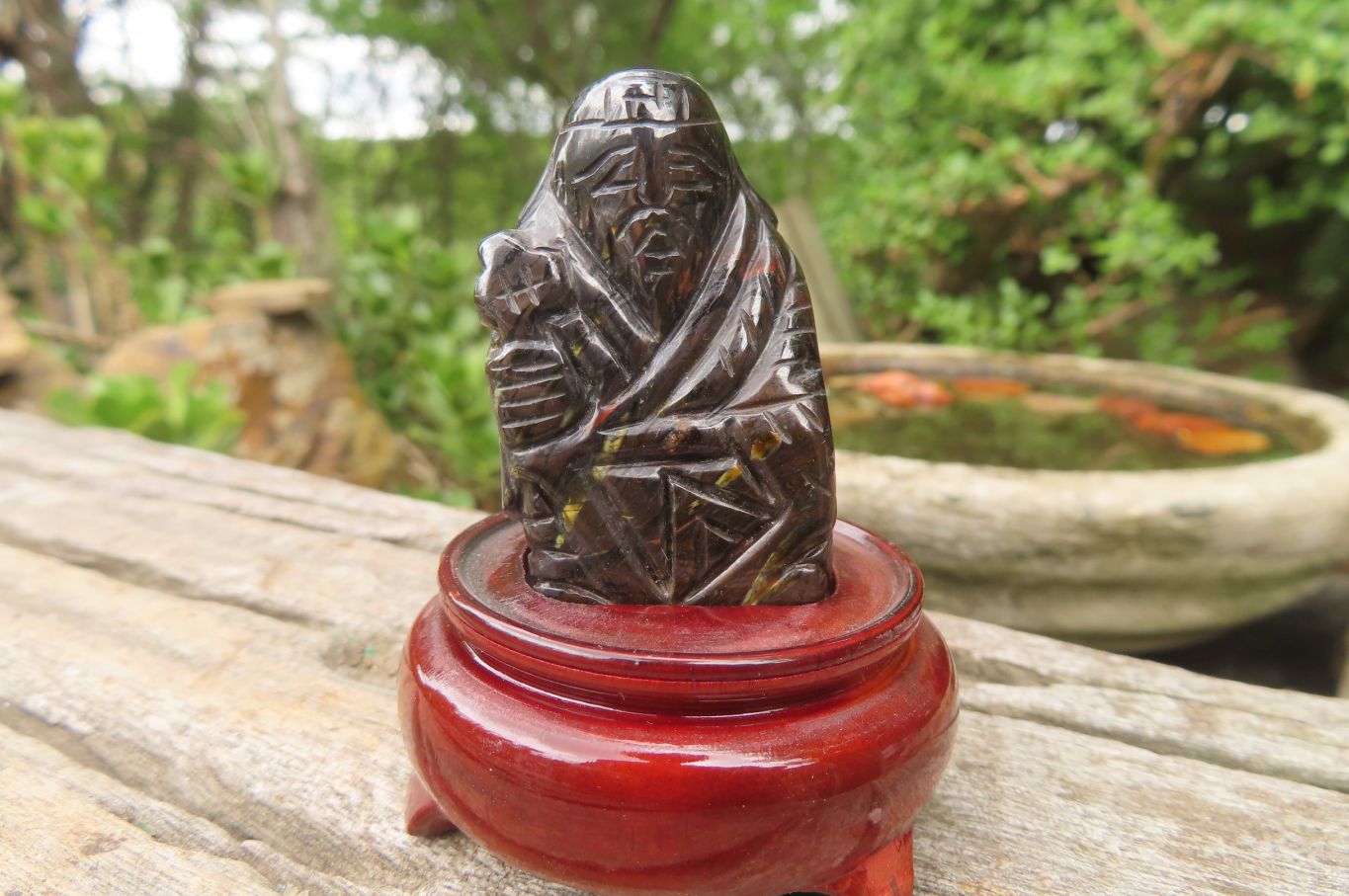 Polished Tiger Iron Far Eastern Carved Gods on Wooden Stands - sold per Set of 7 - From Australia - Toprock Gemstones and Minerals 