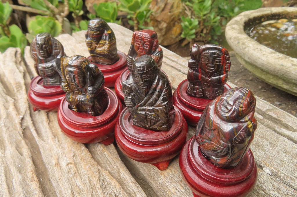 Polished Tiger Iron Far Eastern Carved Gods on Wooden Stands - sold per Set of 7 - From Australia - Toprock Gemstones and Minerals 