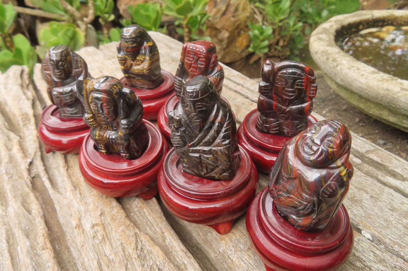 Polished Tiger Iron Far Eastern Carved Gods on Wooden Stands - sold per Set of 7 - From Australia - Toprock Gemstones and Minerals 