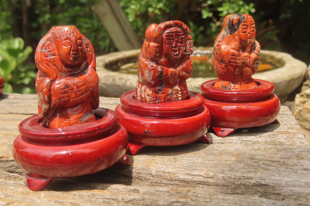 Polished Brecciated Jasper Far Eastern Carved Gods on Wooden Stands - sold per Set of 7 - From South Africa - Toprock Gemstones and Minerals 