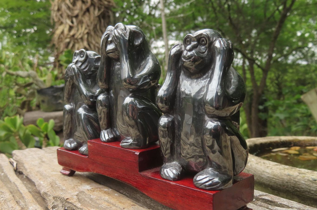 Hand Made Silver Hematite Monkey Carvings x 3 From China - Toprock Gemstones and Minerals 