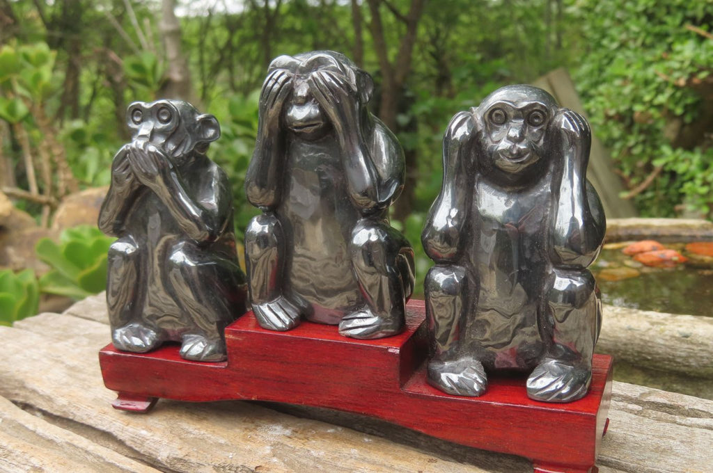 Hand Made Silver Hematite Monkey Carvings x 3 From China - Toprock Gemstones and Minerals 
