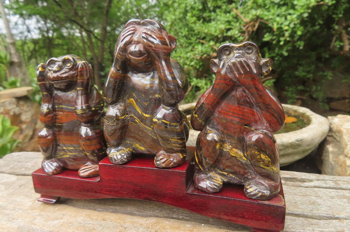 Hand Made Tiger Iron Jasper Monkey Carvings x 3 From Australia - Toprock Gemstones and Minerals 