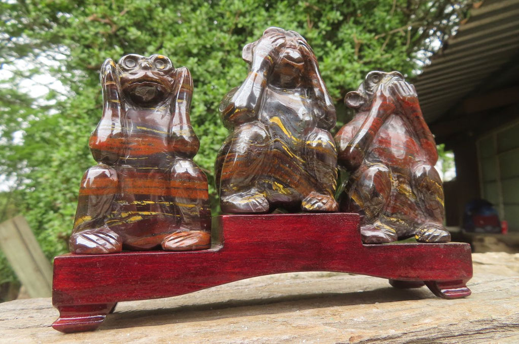 Hand Made Tiger Iron Jasper Monkey Carvings x 3 From Australia - Toprock Gemstones and Minerals 