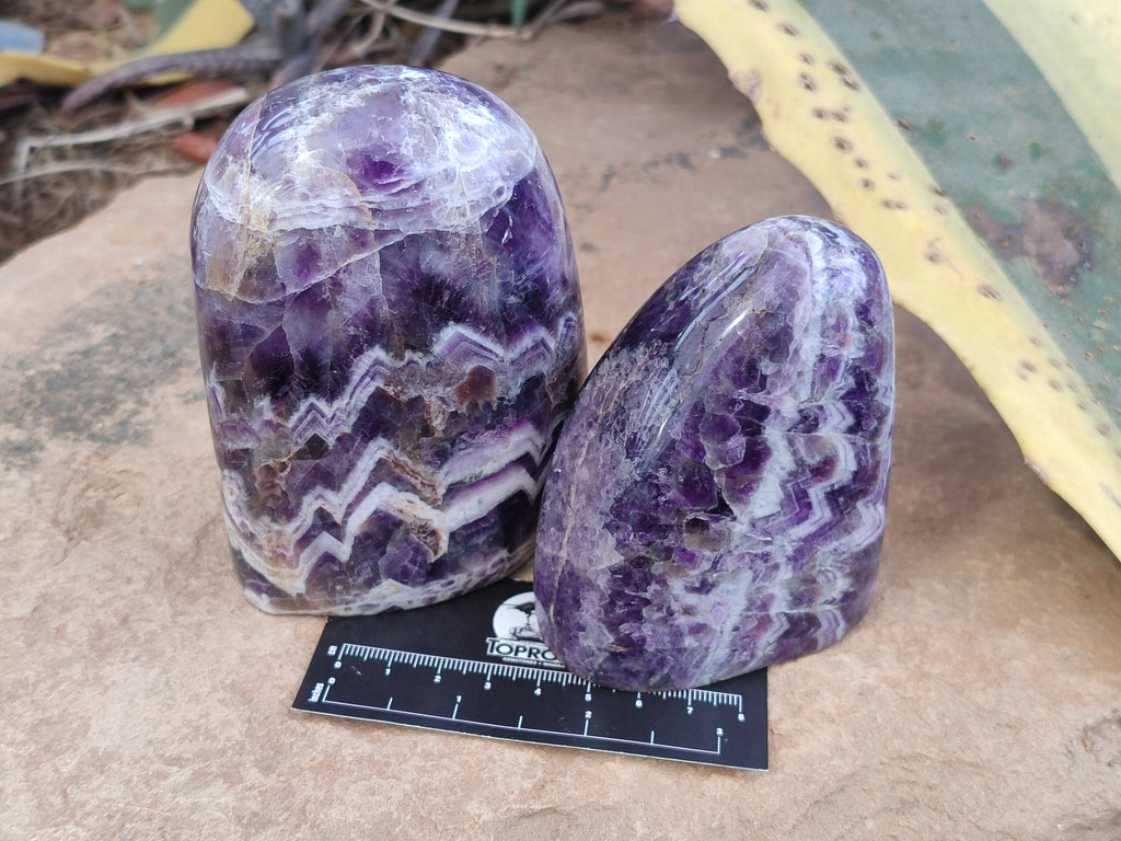 Polished Chevron Amethyst Standing Free Forms x 2 from Zambia - Toprock Gemstones and Minerals 