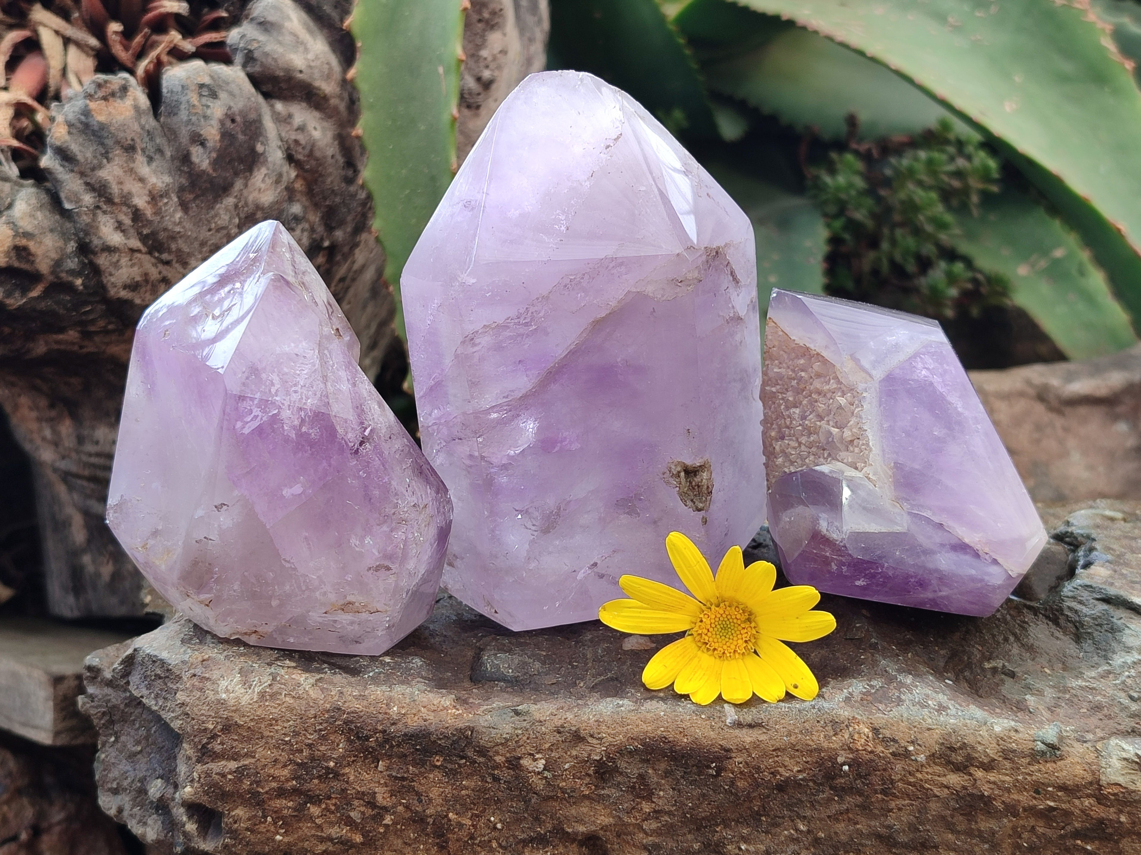 Polished Smokey Amethyst Window Quartz Point-Prism x 3 From Akansobe, Madagascar - Toprock Gemstones and Minerals 