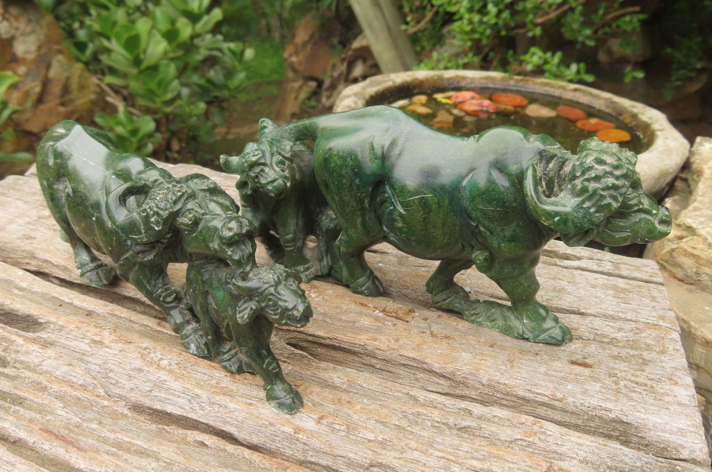 Hand Made Green Verdite Buffalo Carvings x 2 From Zimbabwe - Toprock Gemstones and Minerals 
