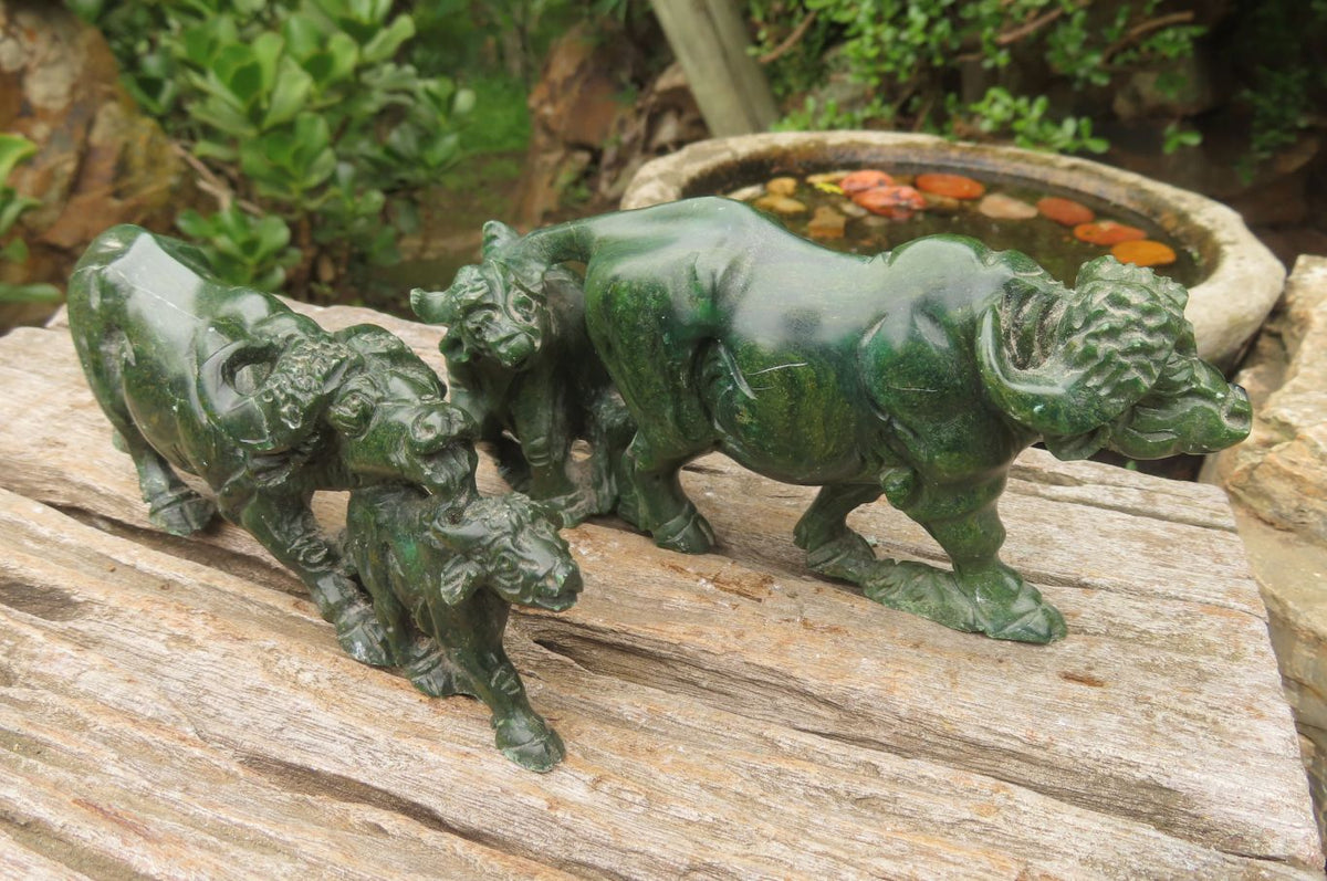 Hand Made Green Verdite Buffalo Carvings x 2 From Zimbabwe - Toprock Gemstones and Minerals 