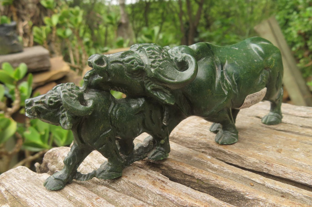 Hand Made Green Verdite Buffalo Carvings x 2 From Zimbabwe - Toprock Gemstones and Minerals 