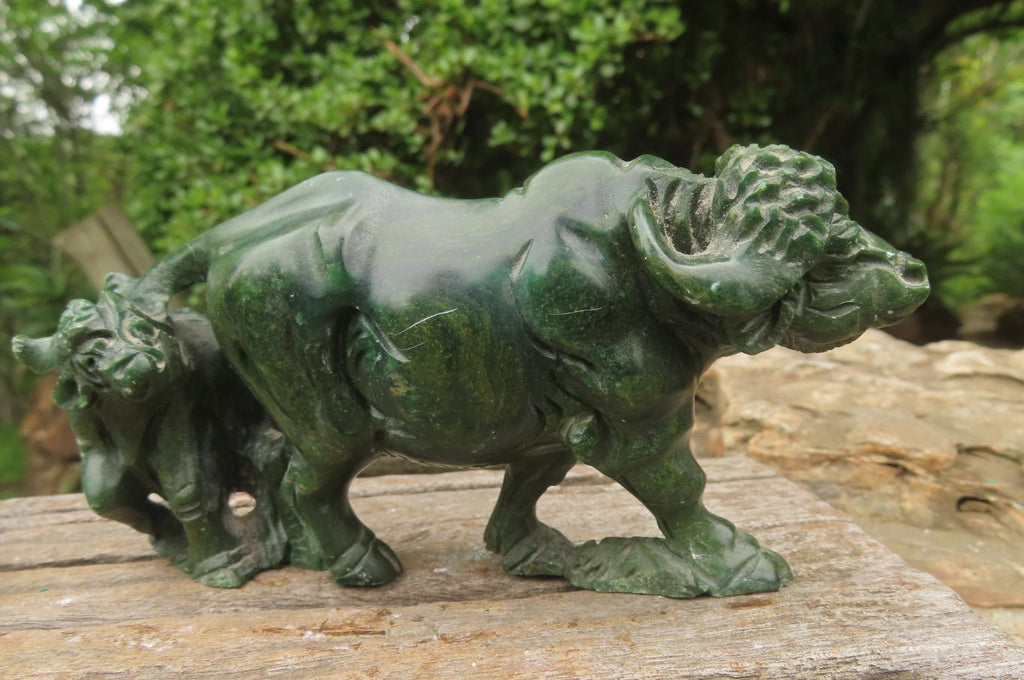 Hand Made Green Verdite Buffalo Carvings x 2 From Zimbabwe - Toprock Gemstones and Minerals 