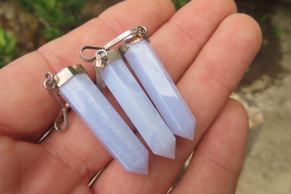 Polished Blue Lace Agate Crystal Point set in Sterling Silver Pendant - sold per item - From Namibia - Toprock Gemstones and Minerals 