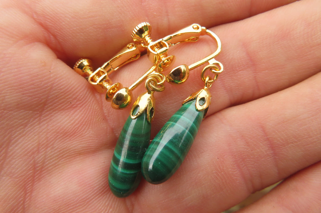 Polished Pair of Malachite Drop Clip On Earrings - Sold Per Pair - From Congo - Toprock Gemstones and Minerals 