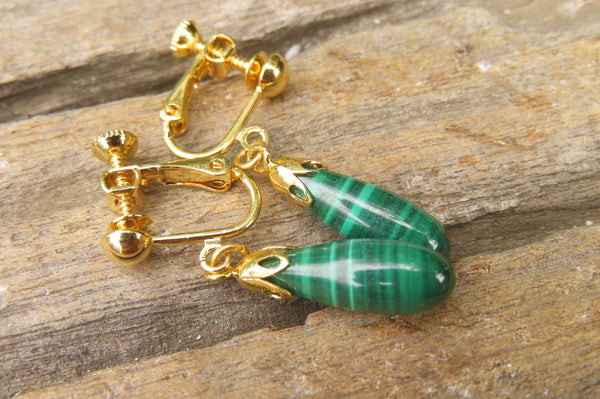 Polished Pair of Malachite Drop Clip On Earrings - Sold Per Pair - From Congo - Toprock Gemstones and Minerals 
