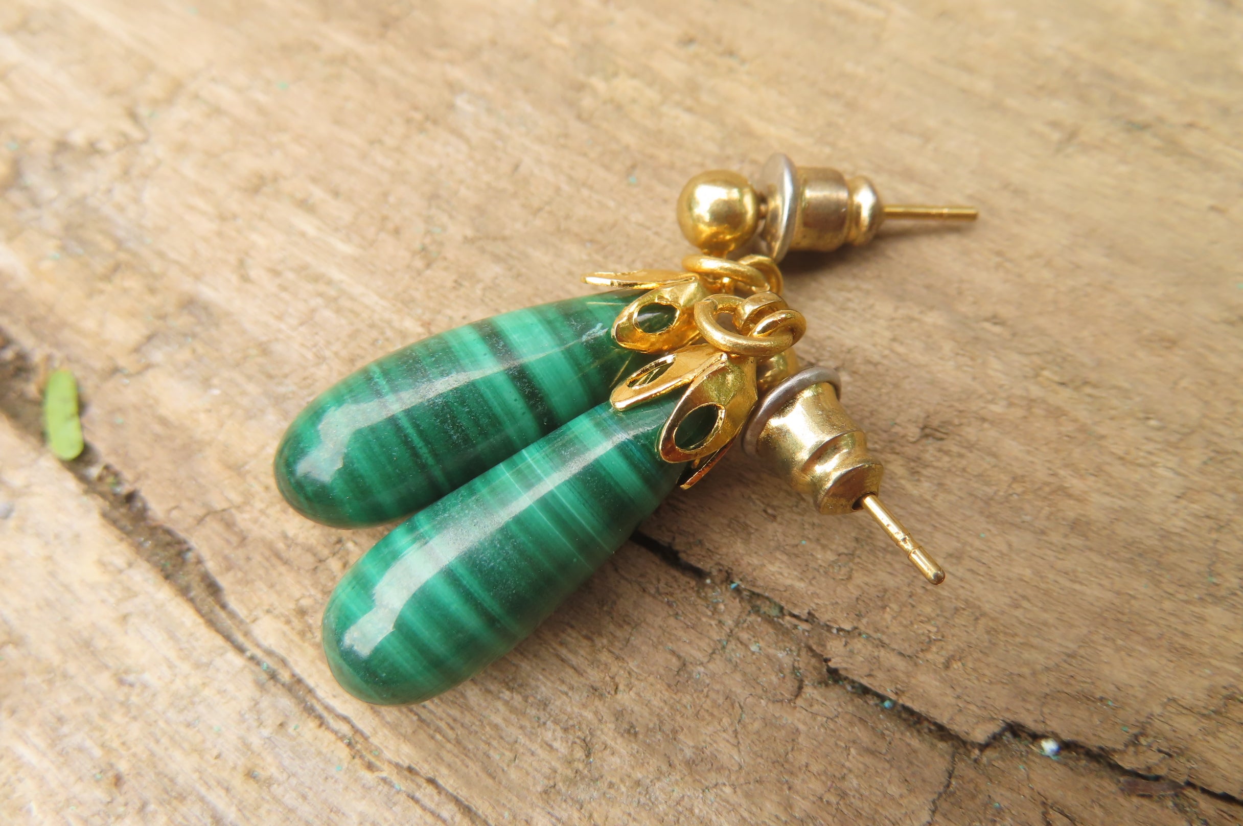 Polished Pair of Malachite Tear Drop Stud Earrings - Sold Per Pair - From Congo - Toprock Gemstones and Minerals 