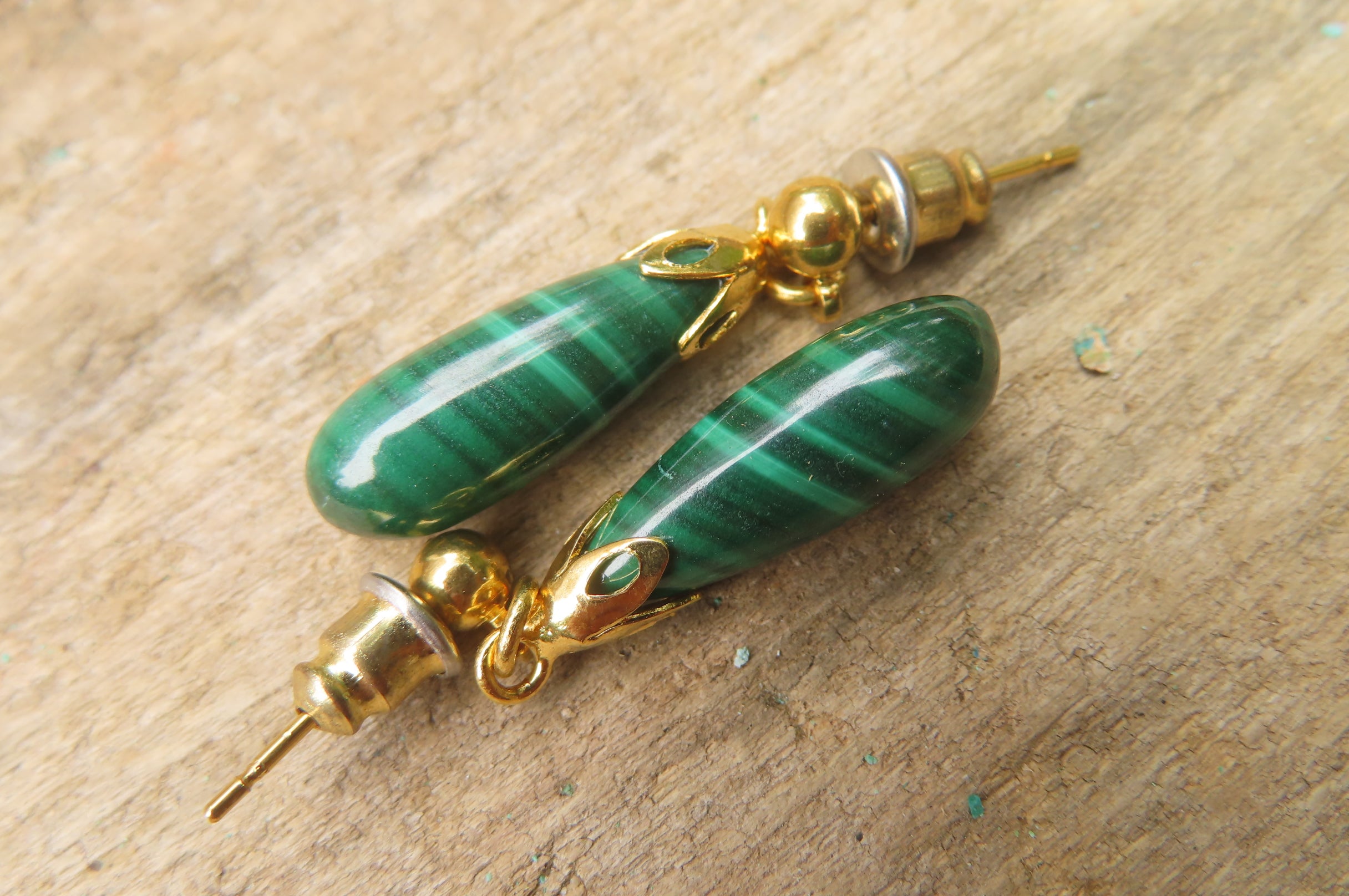 Polished Pair of Malachite Tear Drop Stud Earrings - Sold Per Pair - From Congo - Toprock Gemstones and Minerals 