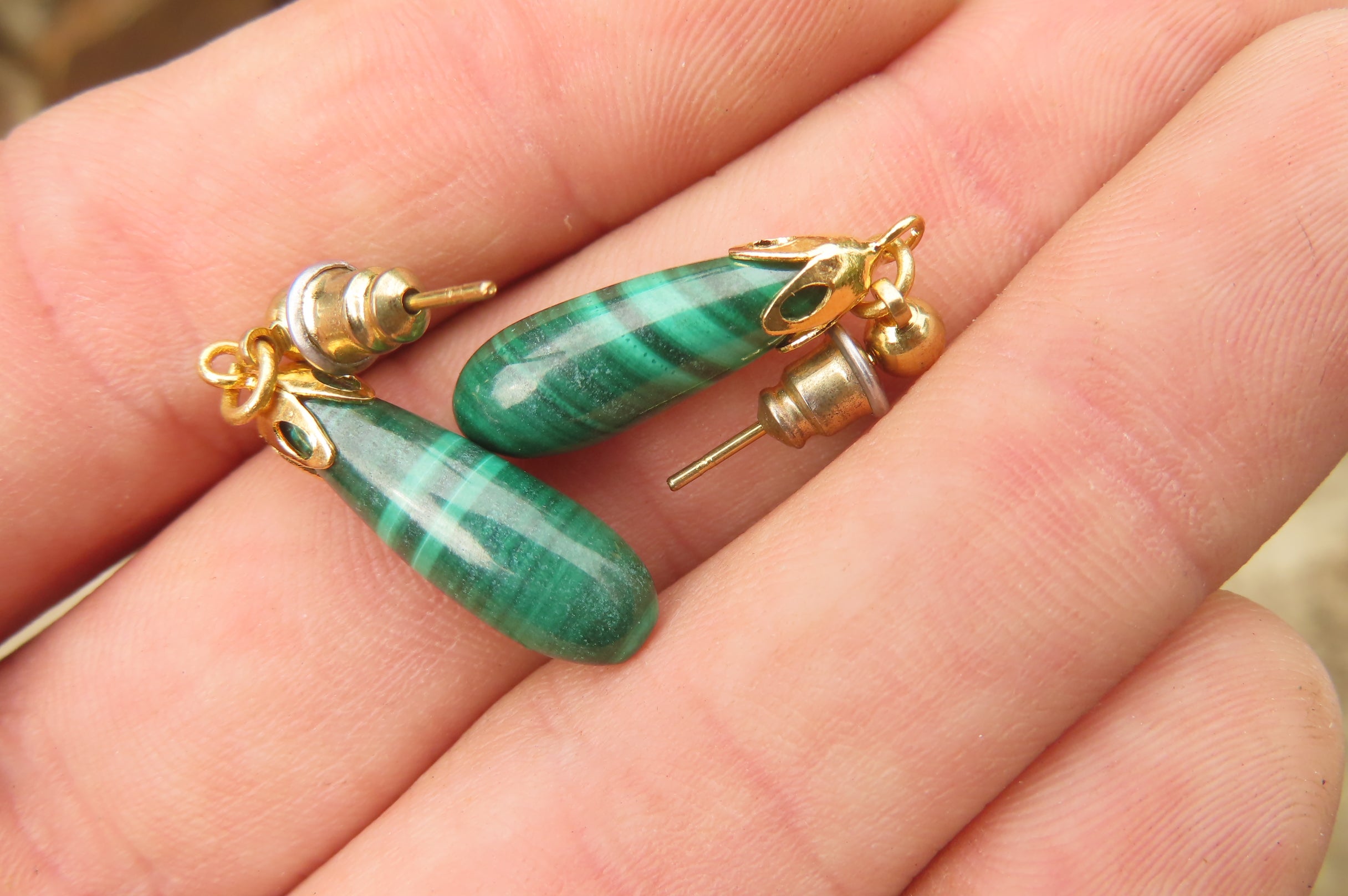 Polished Pair of Malachite Tear Drop Stud Earrings - Sold Per Pair - From Congo - Toprock Gemstones and Minerals 