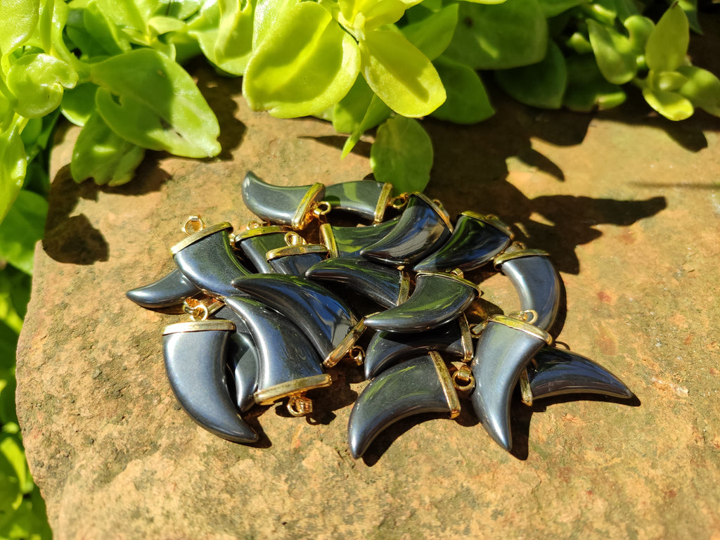 Polished Silver Hematite Lions Claw Pendant with Gold Cap & Bail - Sold Per Item - From China - Toprock Gemstones and Minerals 