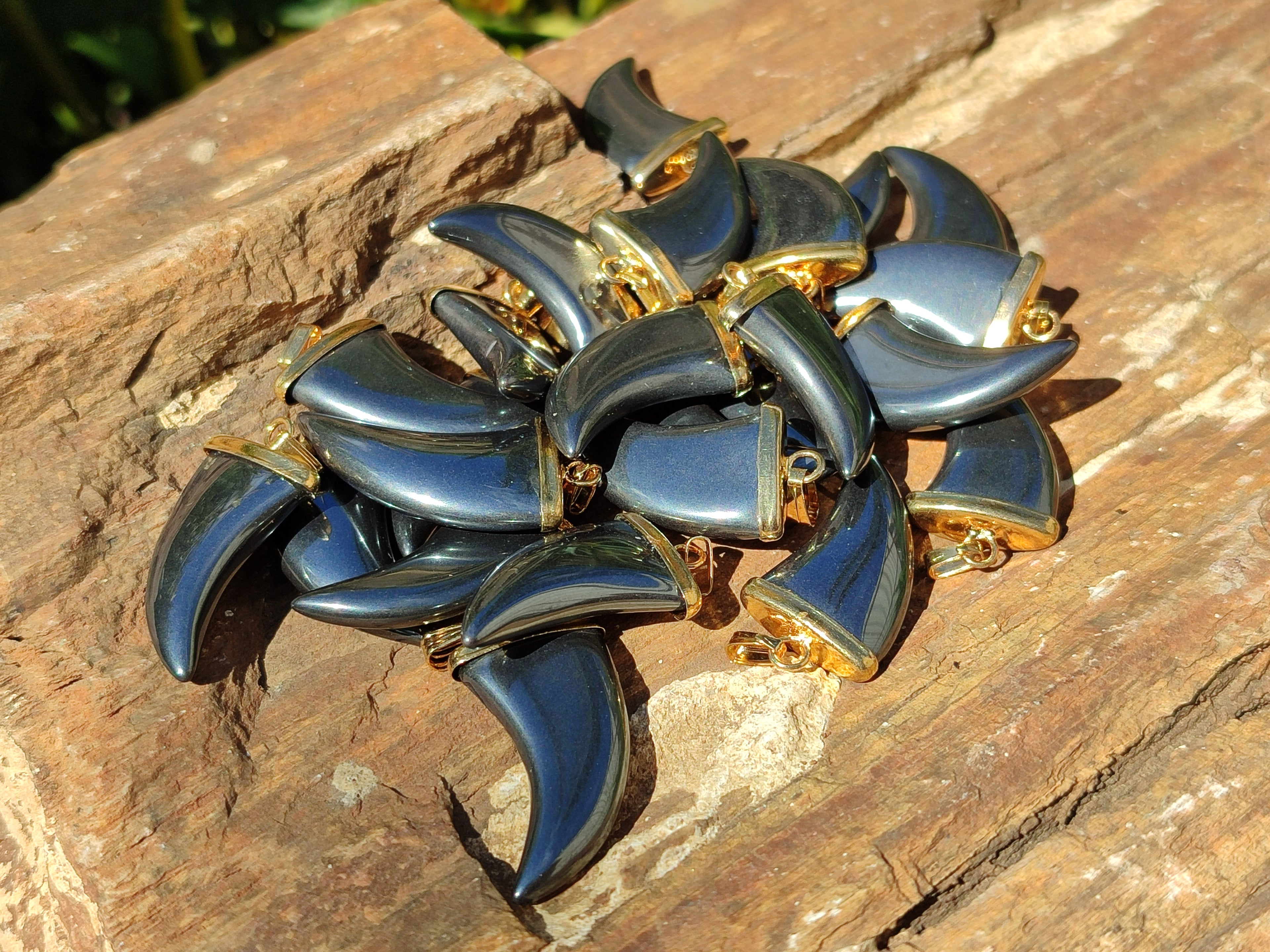Polished Silver Hematite Lions Claw Pendant with Gold Cap & Bail - Sold Per Item - From China - Toprock Gemstones and Minerals 