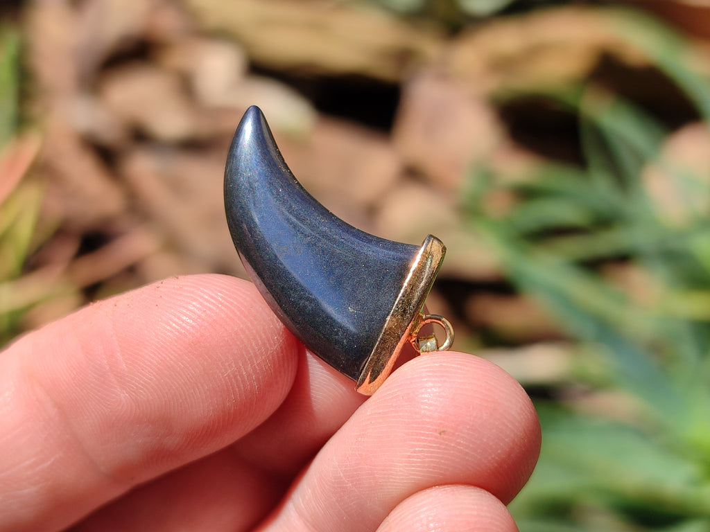 Polished Silver Hematite Lions Claw Pendant with Gold Cap & Bail - Sold Per Item - From China - Toprock Gemstones and Minerals 