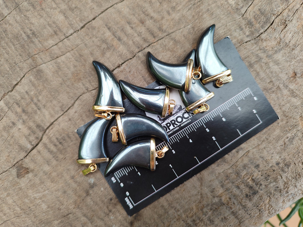 Polished Silver Hematite Lions Claw Pendant with Gold Cap & Bail - Sold Per Item - From China - Toprock Gemstones and Minerals 