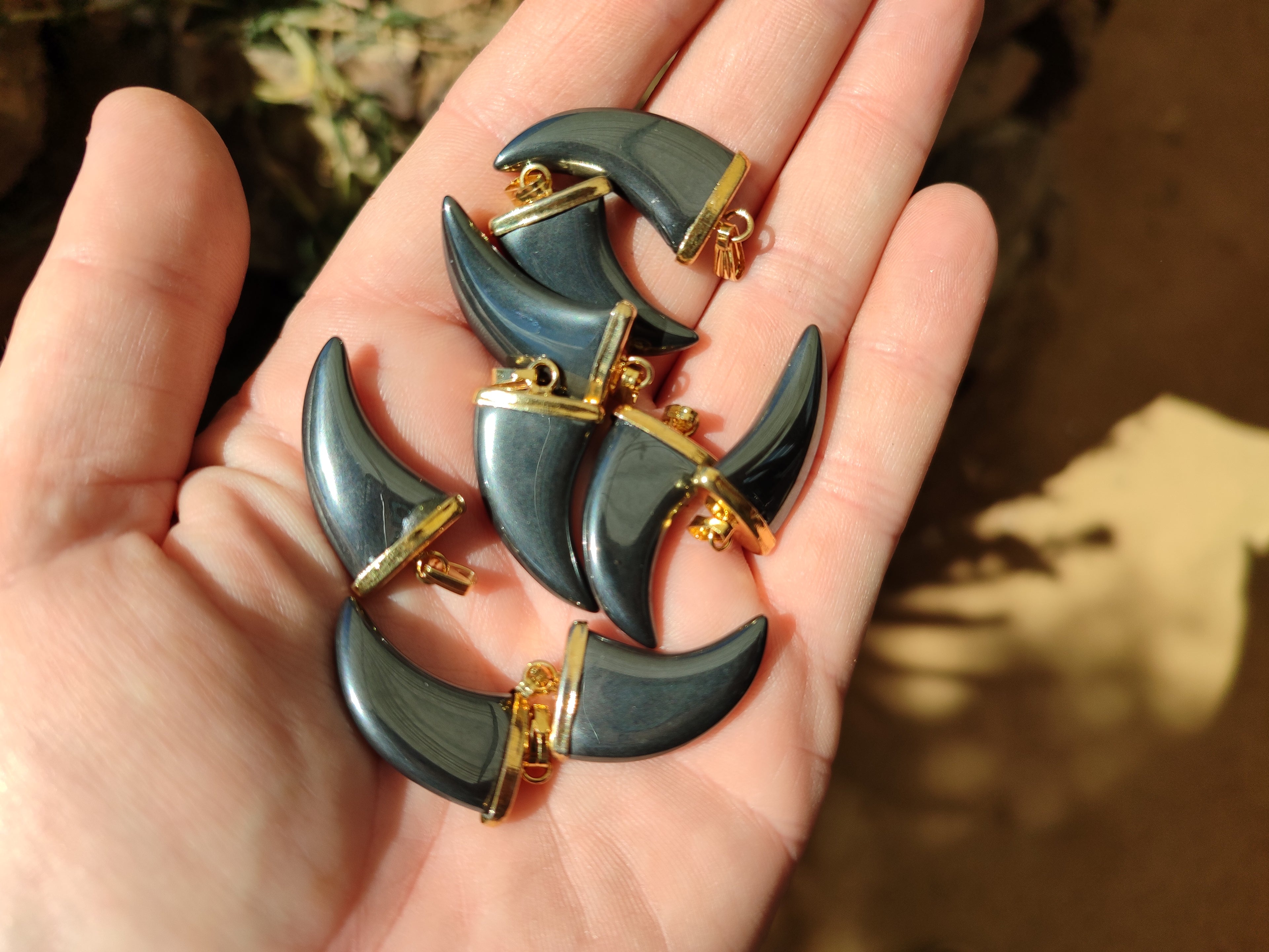 Polished Silver Hematite Lions Claw Pendant with Gold Cap & Bail - Sold Per Item - From China - Toprock Gemstones and Minerals 