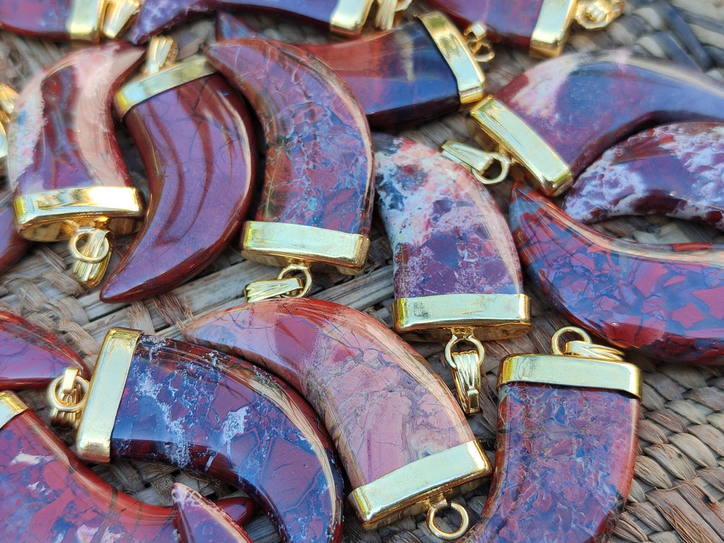 Polished Large Brecciated Red Jasper Lions Claw Pendant with Gold Cap & Bail - Sold Per Item - From South Africa - Toprock Gemstones and Minerals 