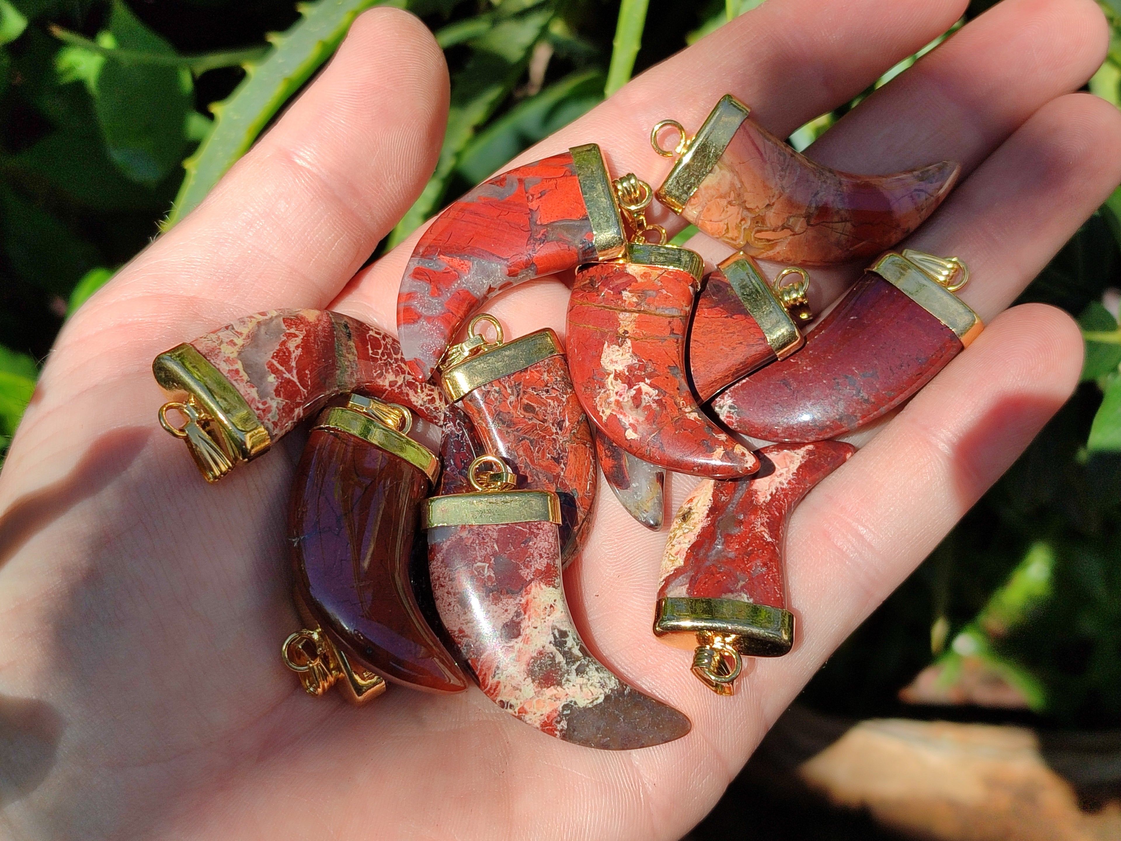 Polished Large Brecciated Red Jasper Lions Claw Pendant with Gold Cap & Bail - Sold Per Item - From South Africa - Toprock Gemstones and Minerals 