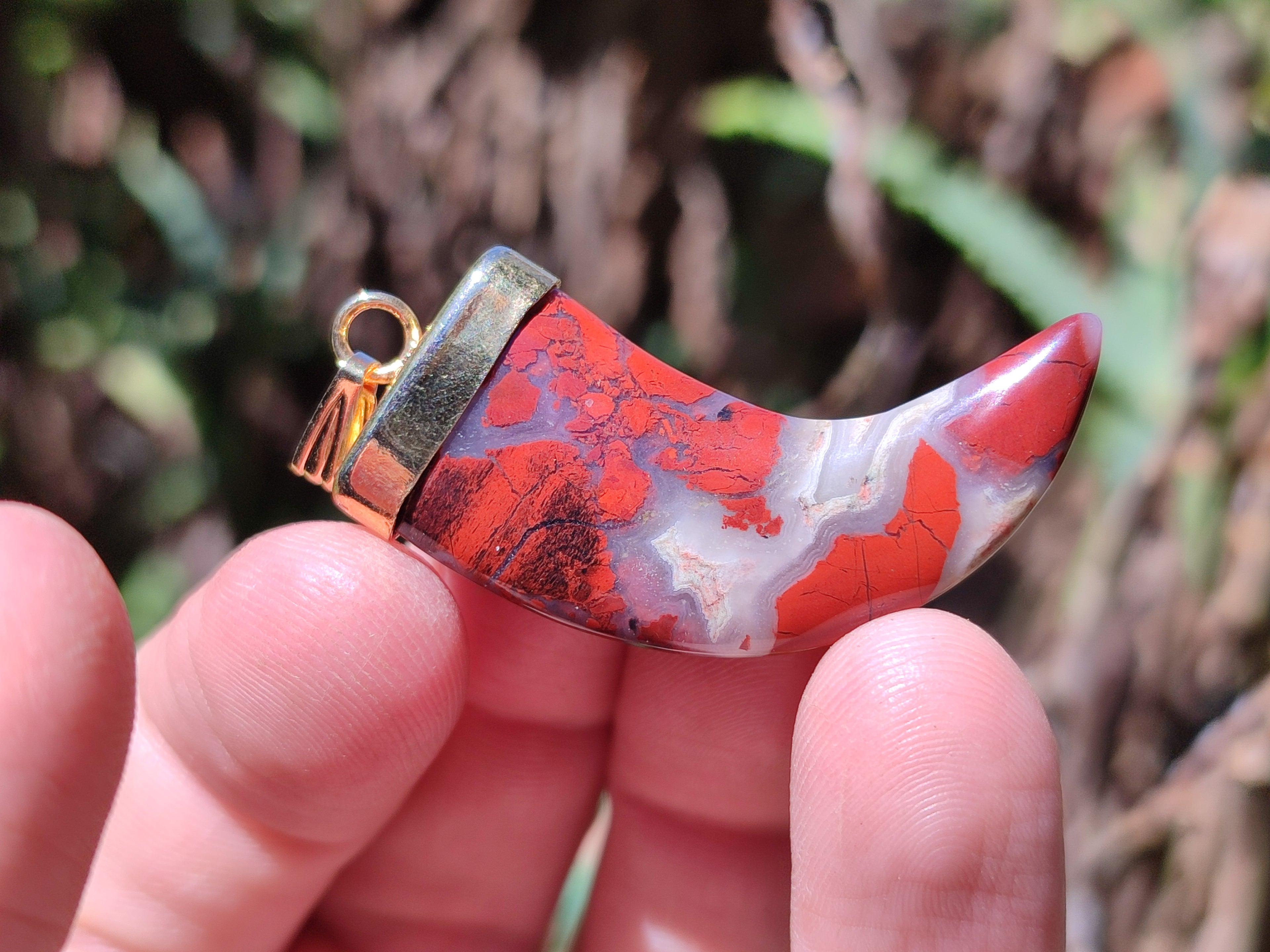 Polished Large Brecciated Red Jasper Lions Claw Pendant with Gold Cap & Bail - Sold Per Item - From South Africa - Toprock Gemstones and Minerals 