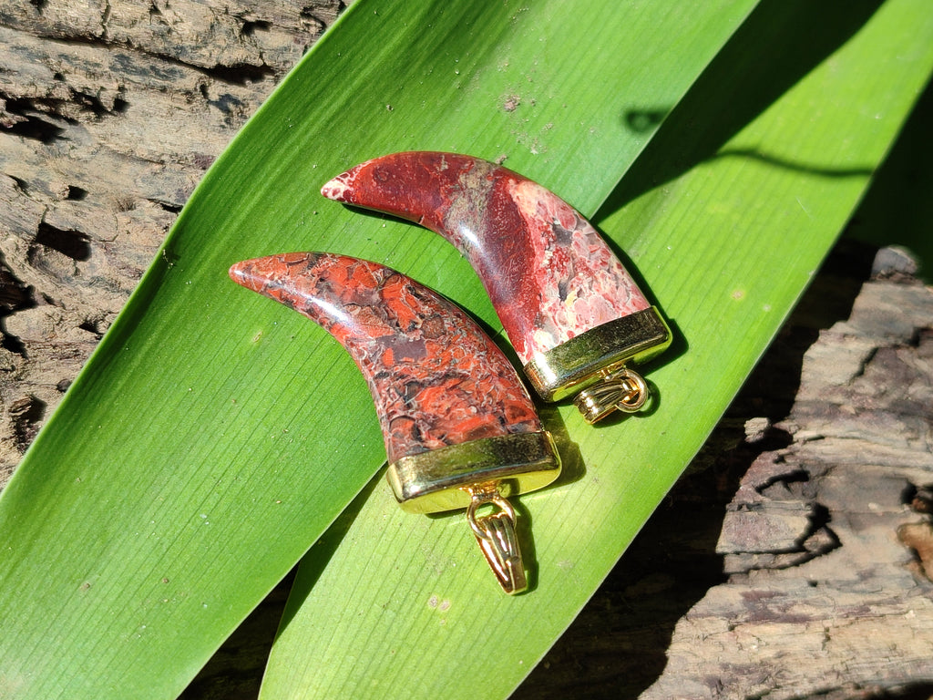 Polished Large Brecciated Red Jasper Lions Claw Pendant with Gold Cap & Bail - Sold Per Item - From South Africa - Toprock Gemstones and Minerals 