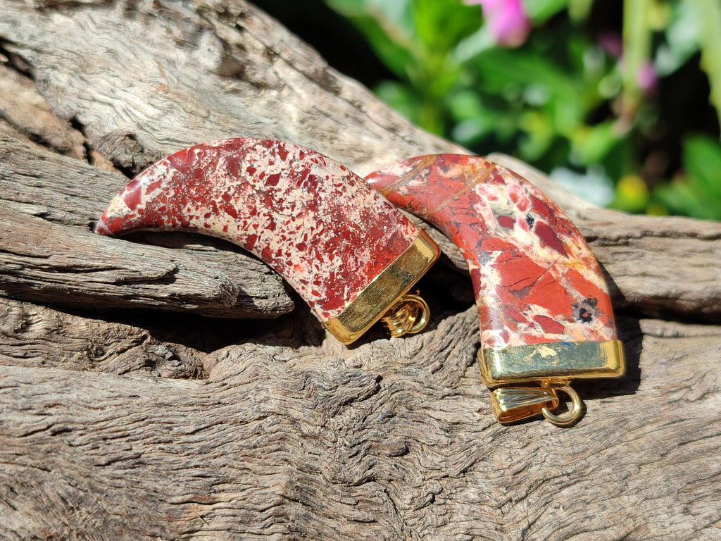 Polished Large Brecciated Red Jasper Lions Claw Pendant with Gold Cap & Bail - Sold Per Item - From South Africa - Toprock Gemstones and Minerals 