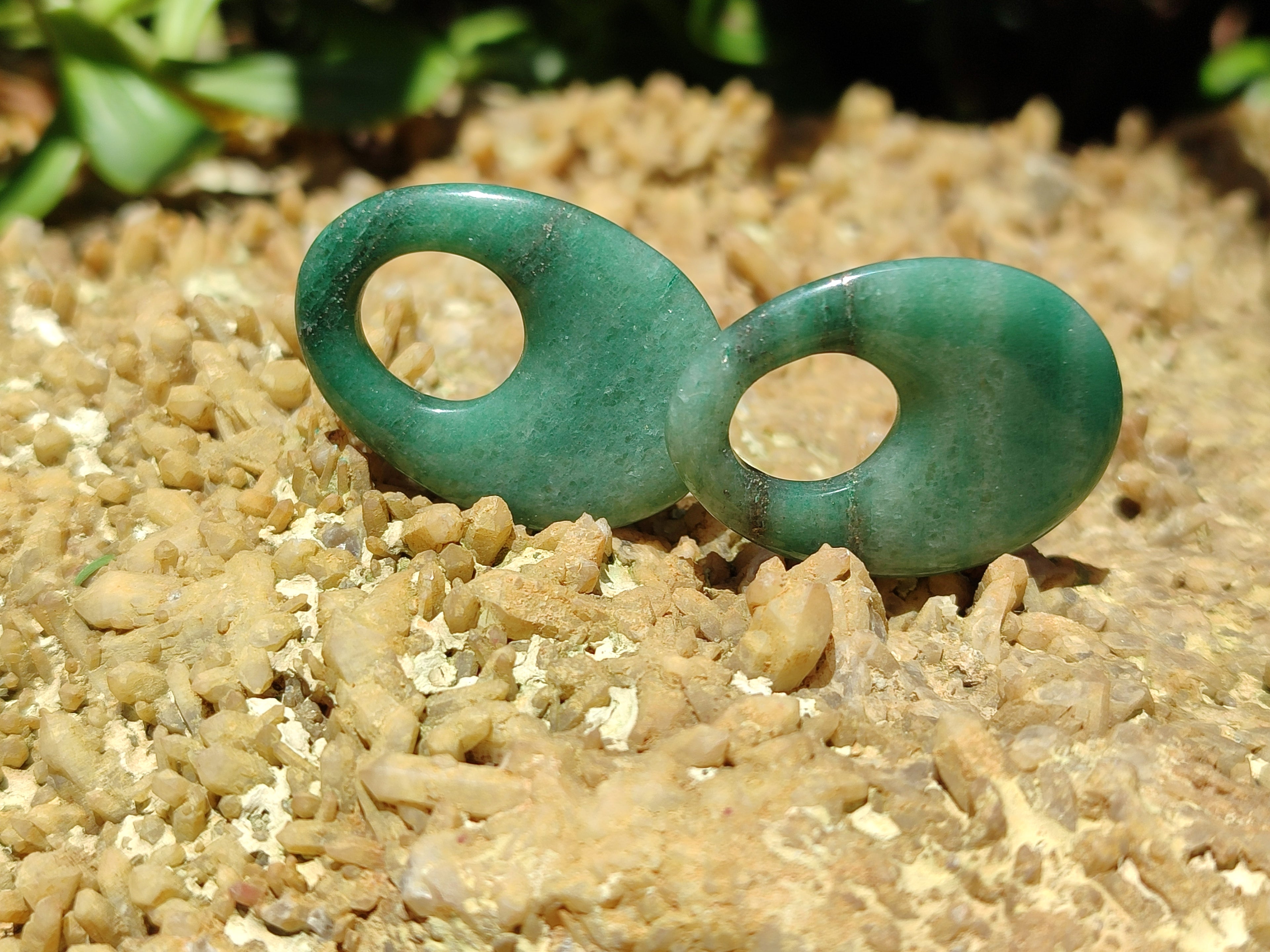 Polished Pair of Aventurine Pendant or Earrings with Hole in Center - Sold Per Pair - From Zimbabwe - Toprock Gemstones and Minerals 