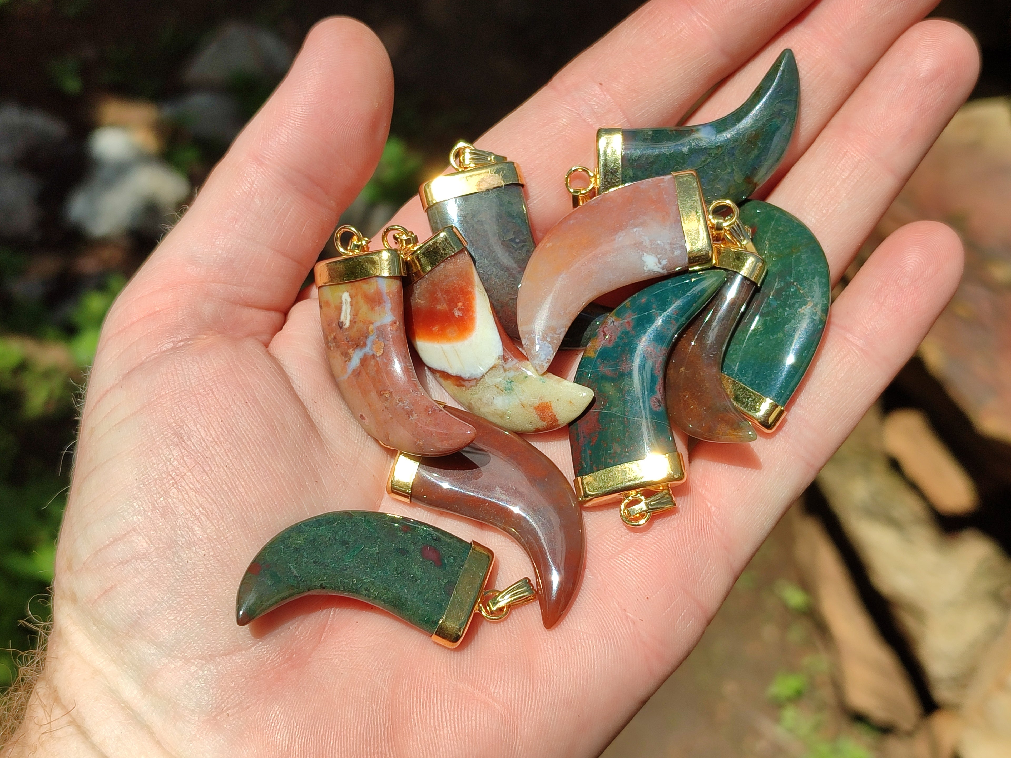 Polished Large Indian Agate Lions Claw Pendant with Gold Cap & Bail - Sold Per Item - From India - Toprock Gemstones and Minerals 