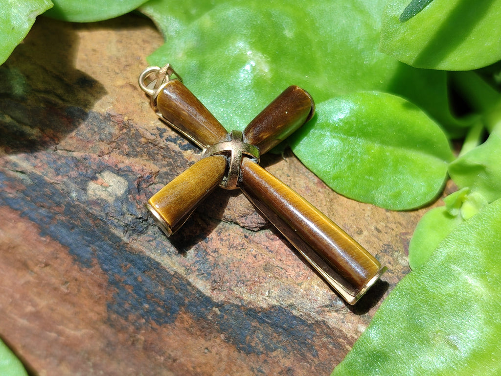 Polished Golden Tigers Eye Cross Pendants with Brass Clasp and Trim - Sold Per Item - From South Africa - Toprock Gemstones and Minerals 