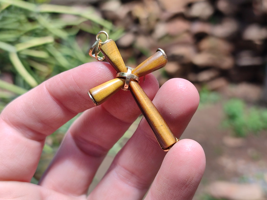 Polished Golden Tigers Eye Cross Pendants with Brass Clasp and Trim - Sold Per Item - From South Africa - Toprock Gemstones and Minerals 