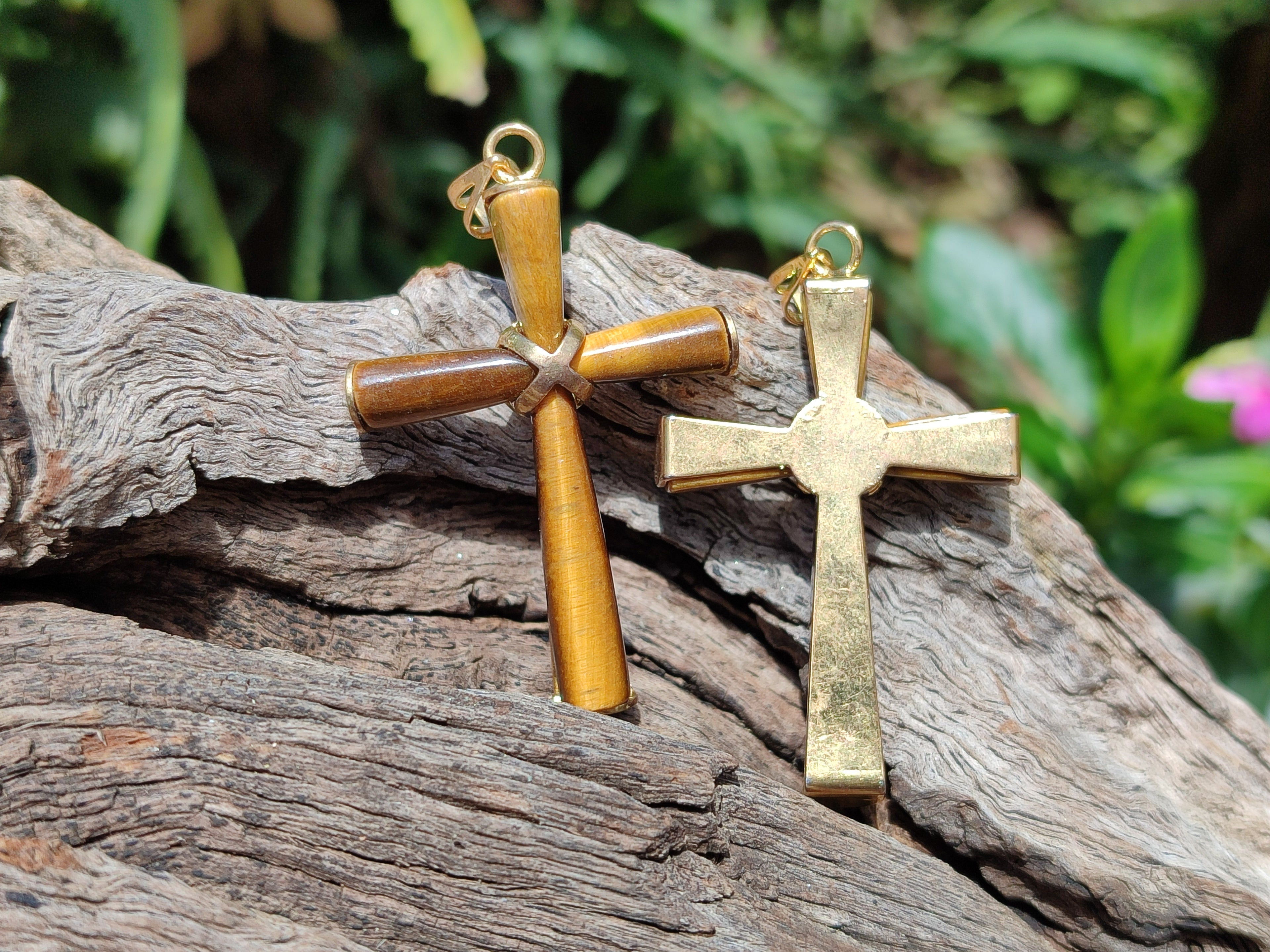 Polished Golden Tigers Eye Cross Pendants with Brass Clasp and Trim - Sold Per Item - From South Africa - Toprock Gemstones and Minerals 