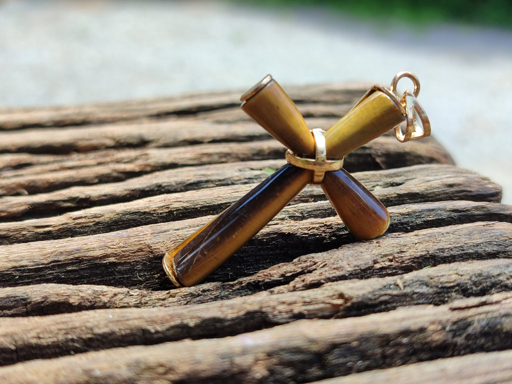 Polished Golden Tigers Eye Cross Pendants with Brass Clasp and Trim - Sold Per Item - From South Africa - Toprock Gemstones and Minerals 