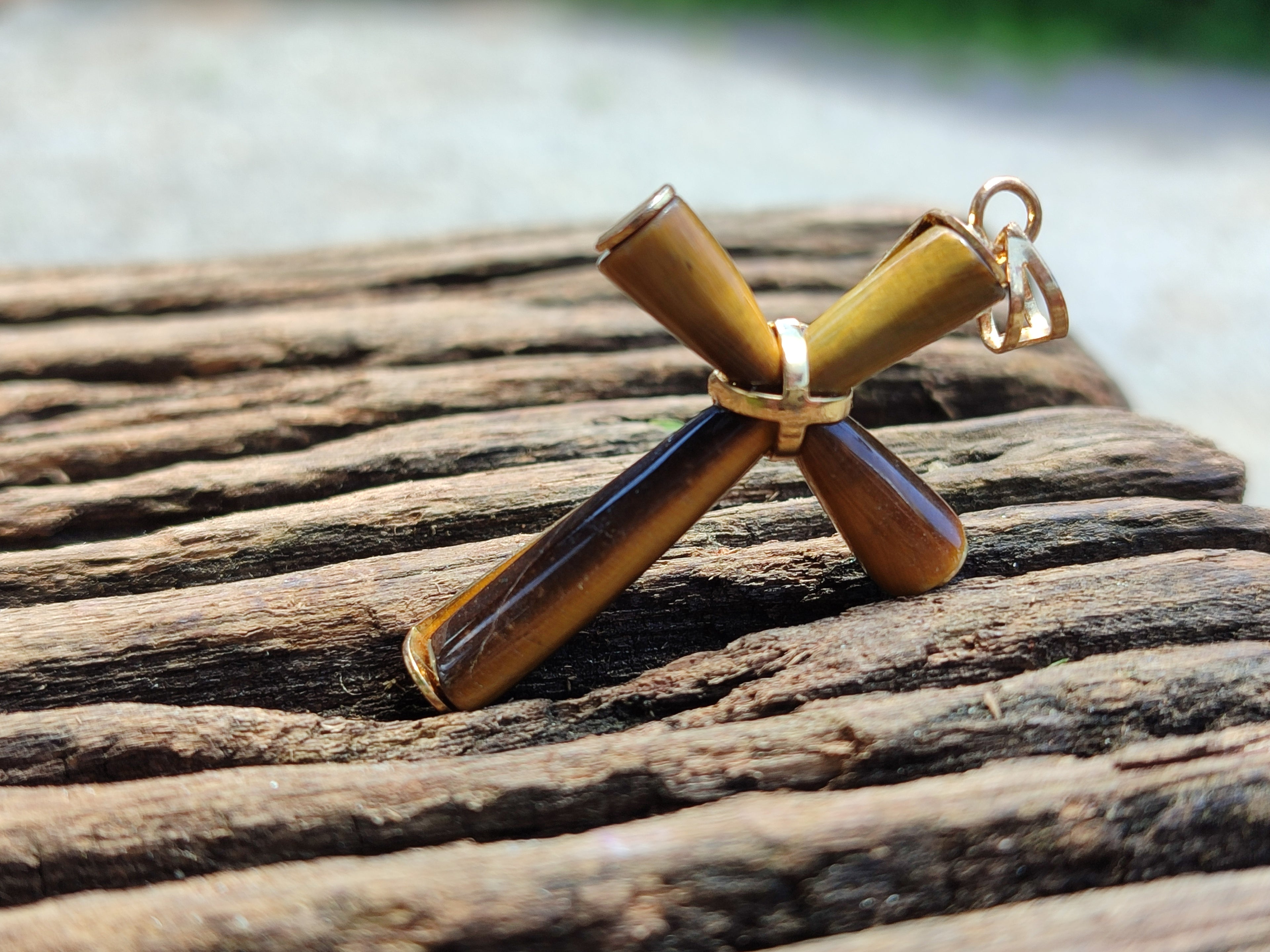 Polished Golden Tigers Eye Cross Pendants with Brass Clasp and Trim - Sold Per Item - From South Africa - Toprock Gemstones and Minerals 