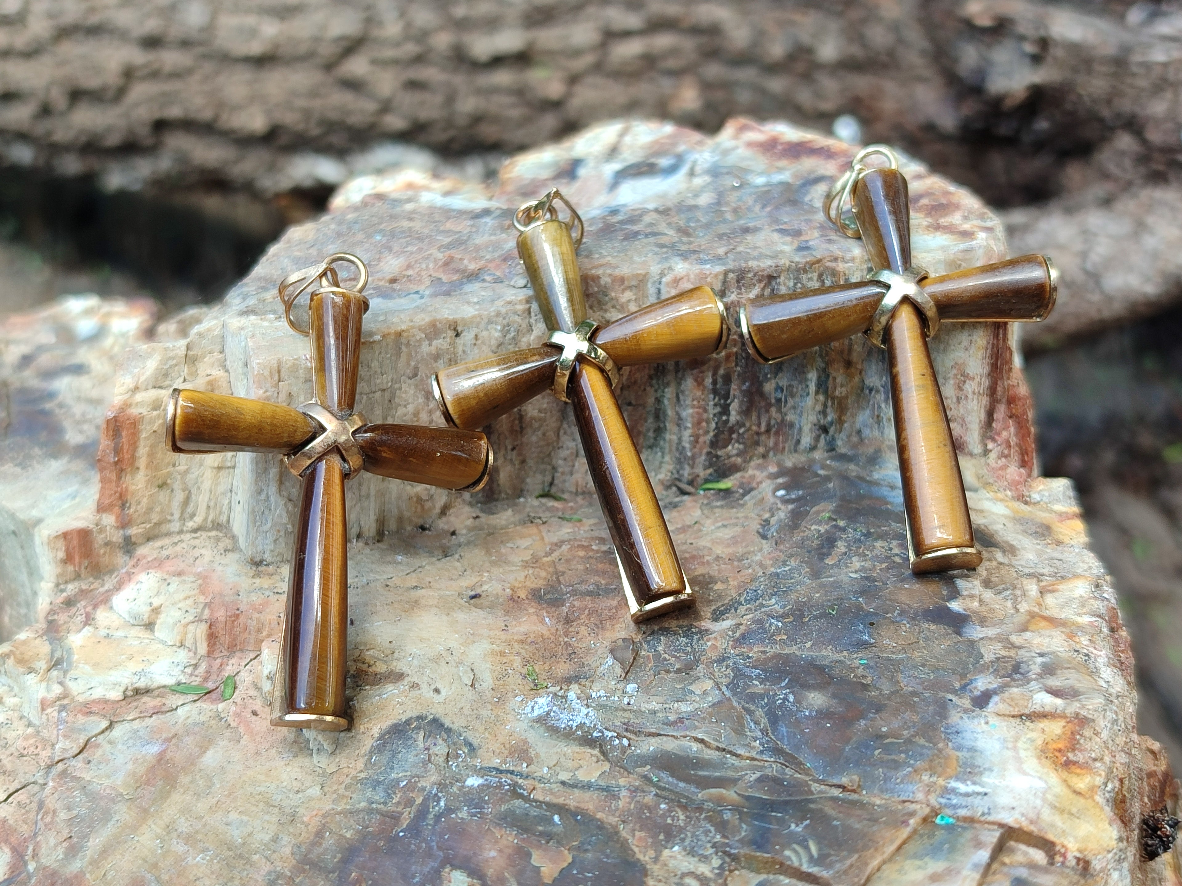 Polished Golden Tigers Eye Cross Pendants with Brass Clasp and Trim - Sold Per Item - From South Africa - Toprock Gemstones and Minerals 