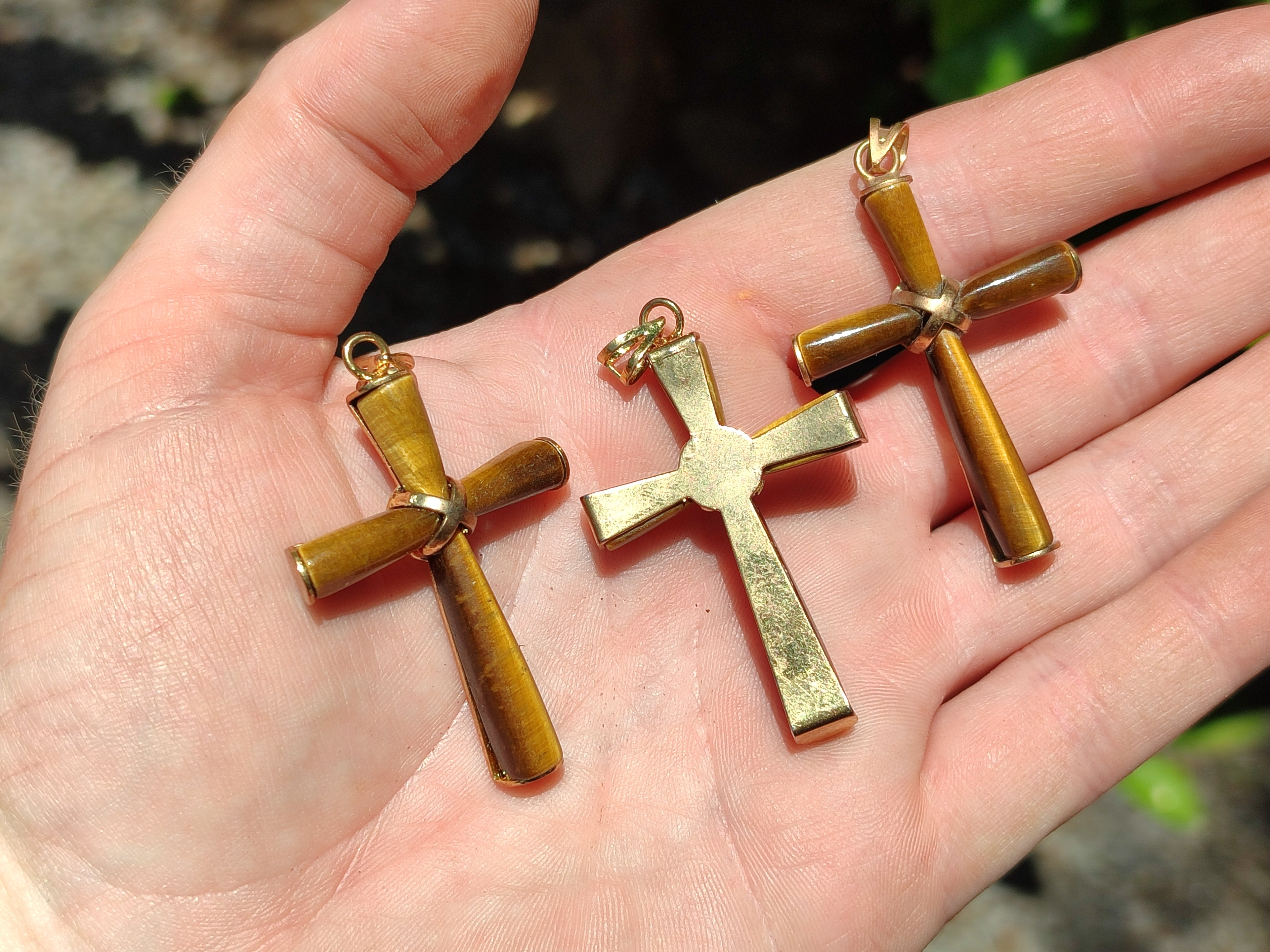 Polished Golden Tigers Eye Cross Pendants with Brass Clasp and Trim - Sold Per Item - From South Africa - Toprock Gemstones and Minerals 