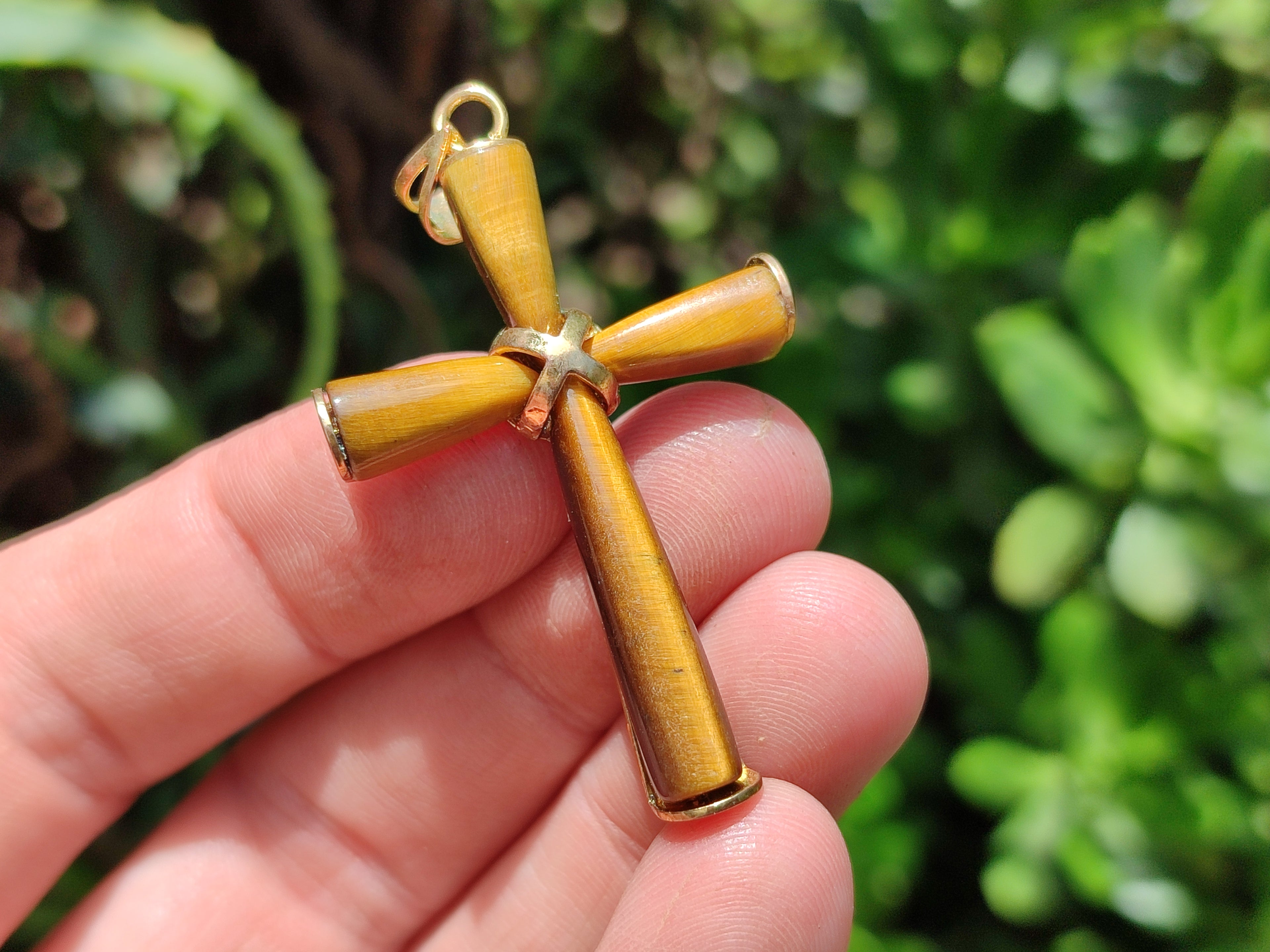 Polished Golden Tigers Eye Cross Pendants with Brass Clasp and Trim - Sold Per Item - From South Africa - Toprock Gemstones and Minerals 
