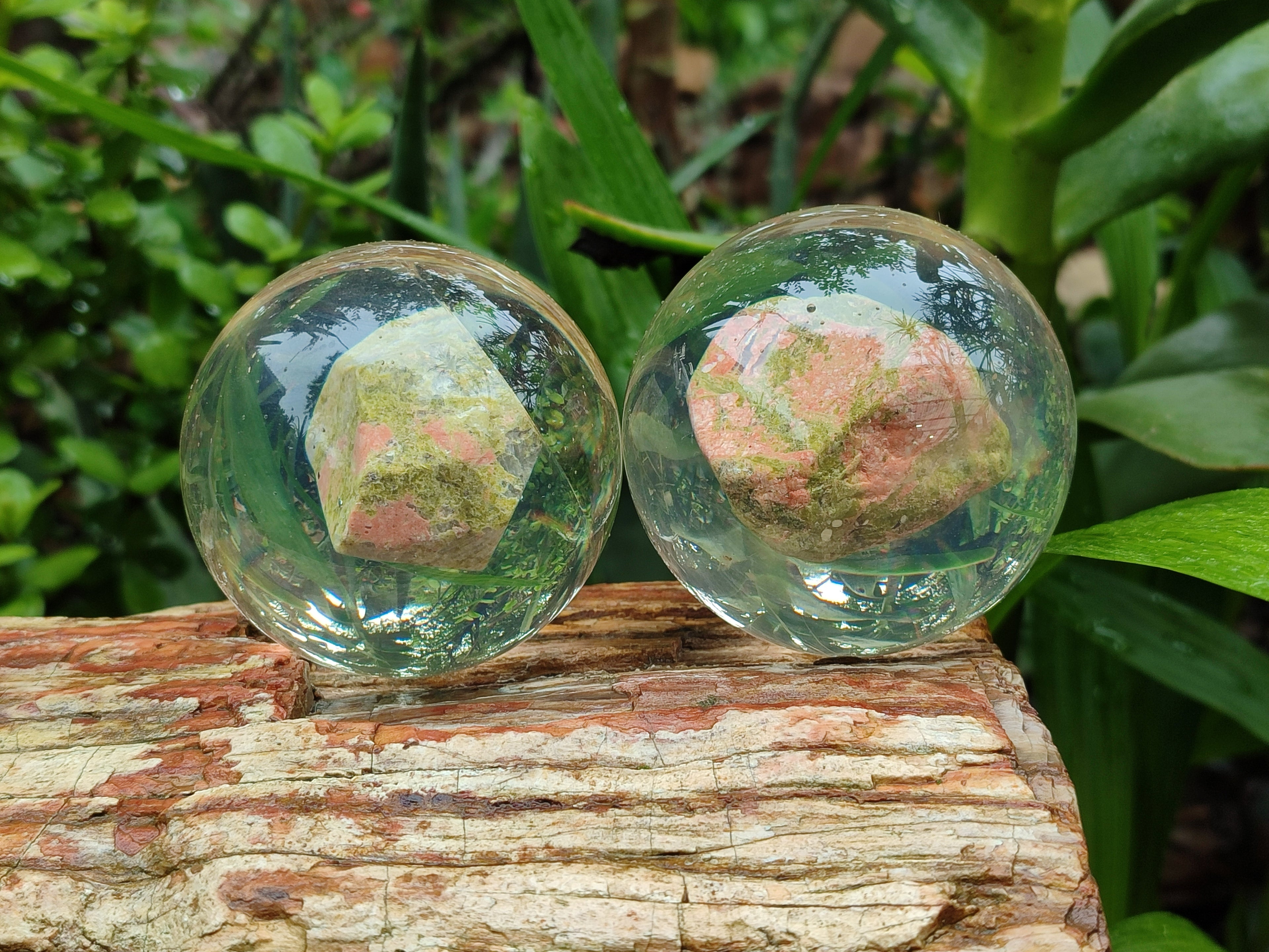 Polished Pink and Green Unakite cobbed piece in PVC Resin Sphere - sold per item - From South Africa - Toprock Gemstones and Minerals 