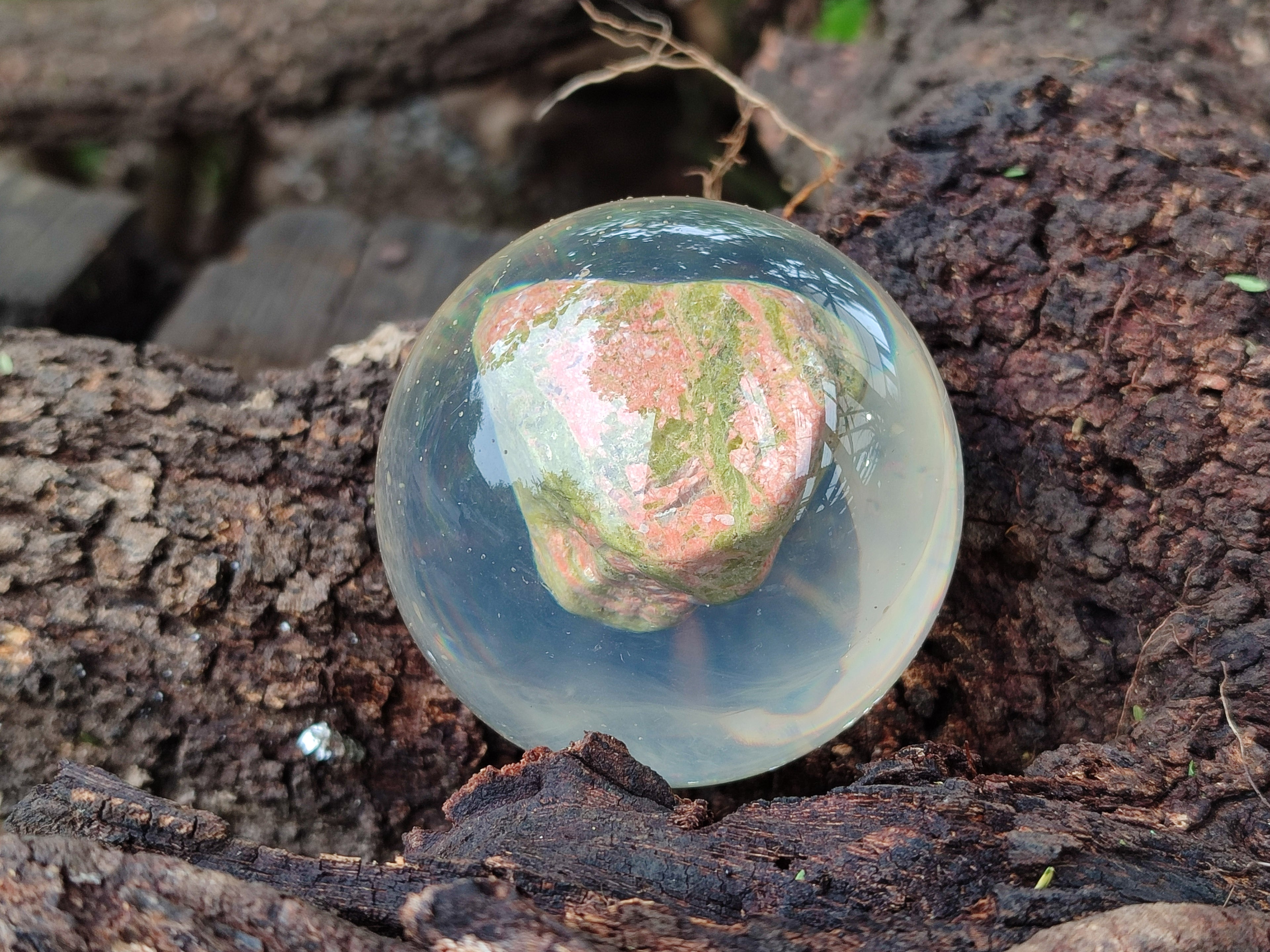 Polished Pink and Green Unakite cobbed piece in PVC Resin Sphere - sold per item - From South Africa - Toprock Gemstones and Minerals 